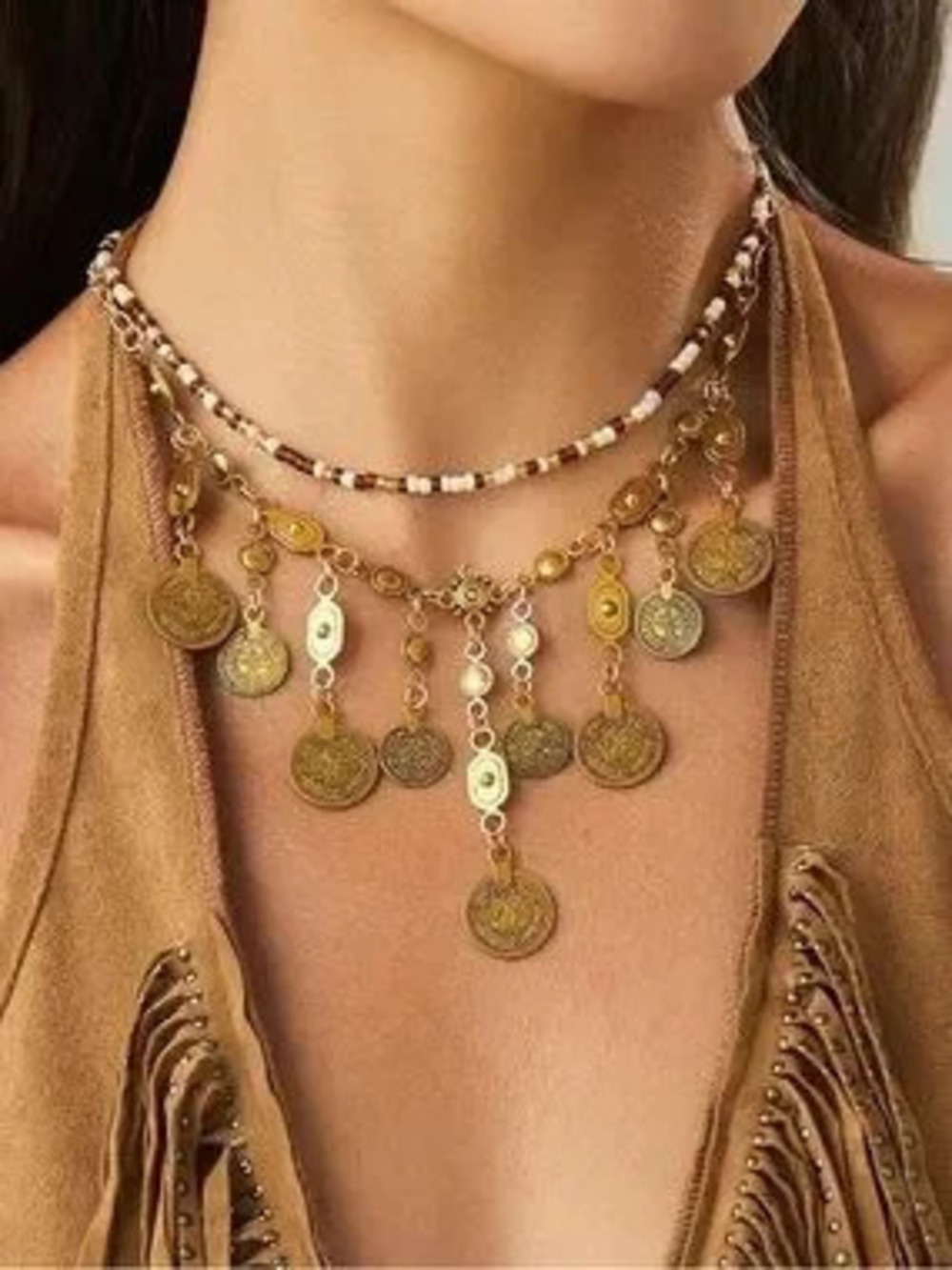 Anthropologie Gold Coin Fringe Necklace with Brown & Cream Beads